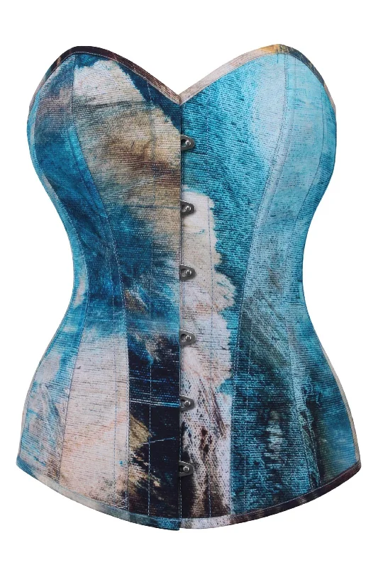 Abstract Brushed Opal Blue and Sand Overbust Corset