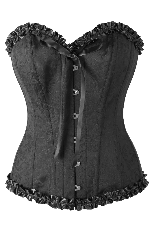 Black Brocade Sweetheart Corset With Ruffle Trim