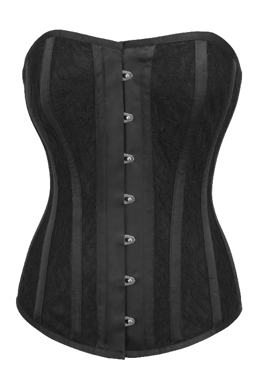 Black Satin Edwardian Longline Overbust Corset with Lace Overlay panels