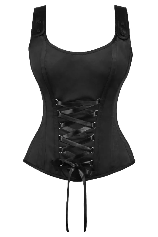 Black Satin Overbust Corset with zip fastening and button detail straps