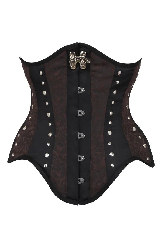 Brown and Black Underbust Steampunk Corset With Steel Busk and Swing Hook