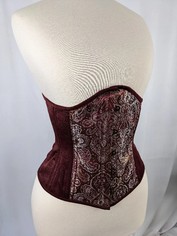 Burgundy Silver and Gold Brocade and Satin Steel Boned Low Curve Mid Hip Underbust Corset