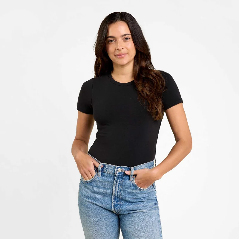 Cotton Stretch Short Sleeve Crewneck Bodysuit | Black