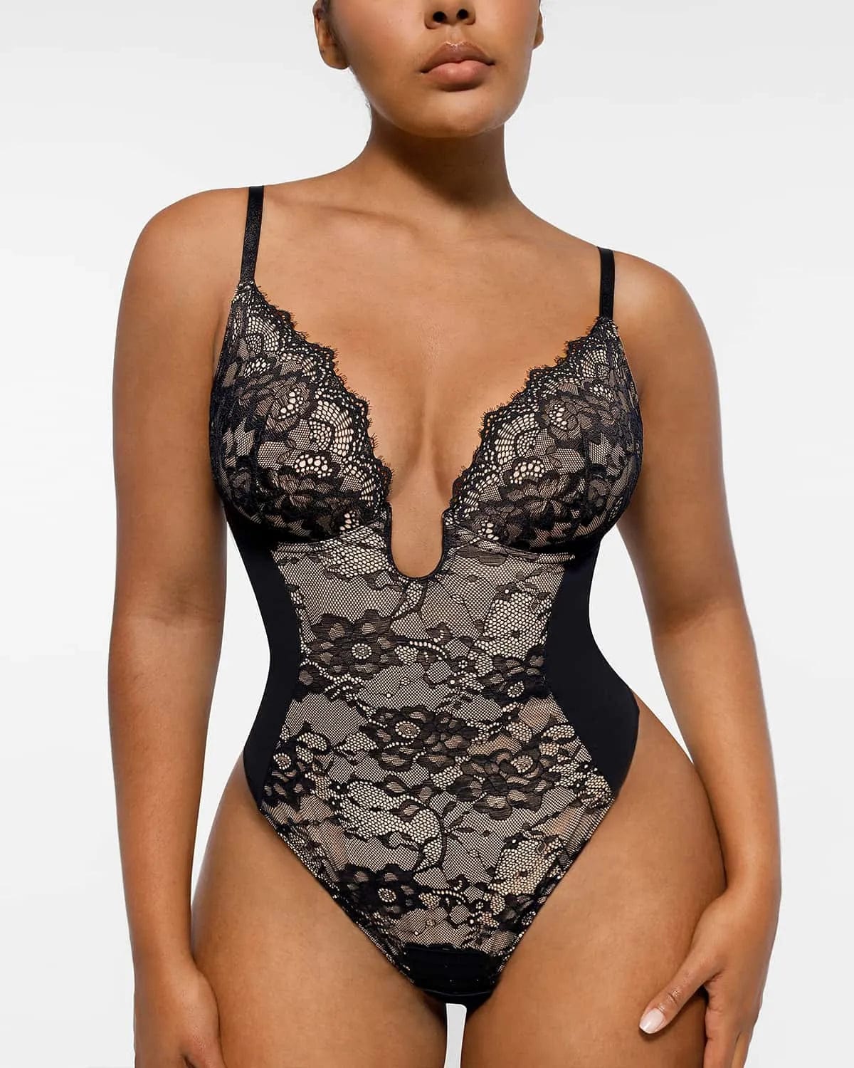 Lace Glamour Supportive Plunge Thong Bodysuit