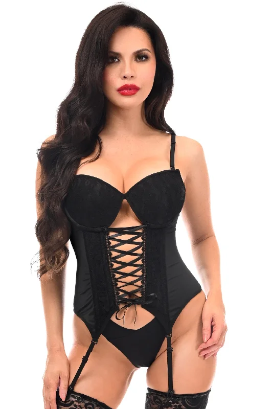 Lavish Black Lycra & Lace Hook & Eye Lace-Up Bustier Corset w/Garters