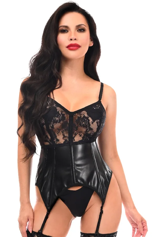 Lavish Black Wet Look & Lace Bustier Corset w/Garters