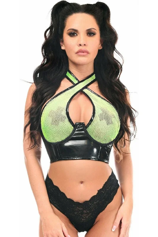 Lavish Neon Green/Black Vinyl & Fishnet Halter Top Underwire Cincher