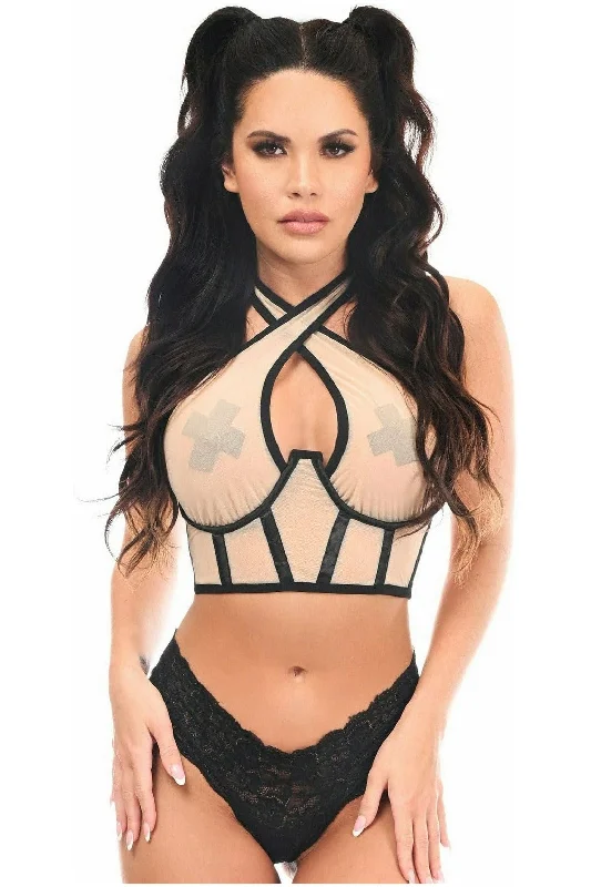 Lavish Nude Mesh Underwire Cincher w/Built In Halter Top