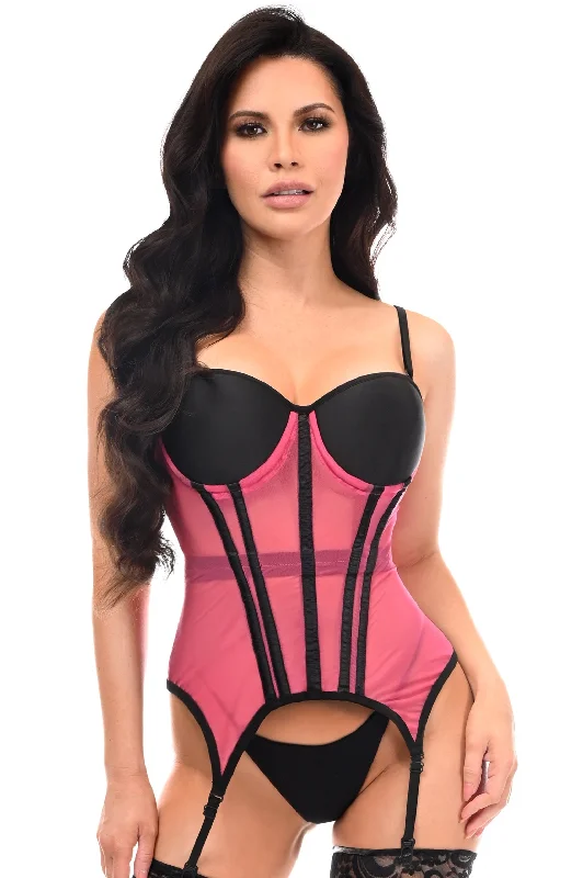 Lavish Pink/Black Mesh Underwire Bustier Corset w/Garters