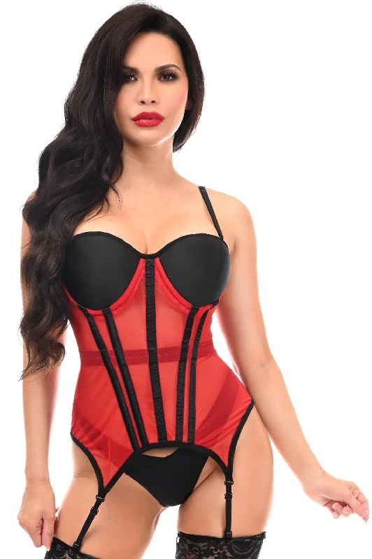 Lavish Red/Black Mesh Underwire Bustier Corset w/Garters