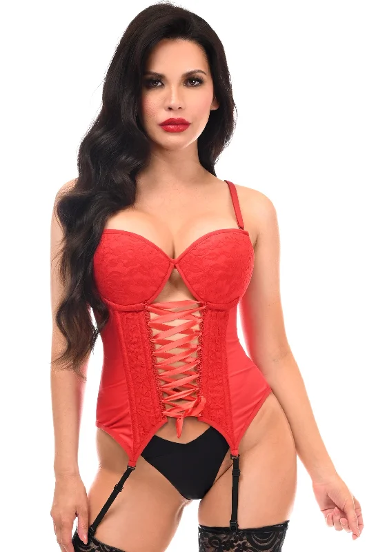 Lavish Red Lycra & Lace Hook & Eye Lace-Up Bustier Corset w/Garters