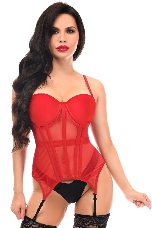 Lavish Red Mesh Underwire Bustier Corset w/Garters