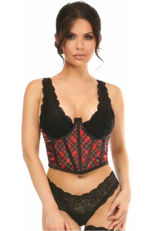 Lavish Red Plaid Satin Open Cup Waist Cincher