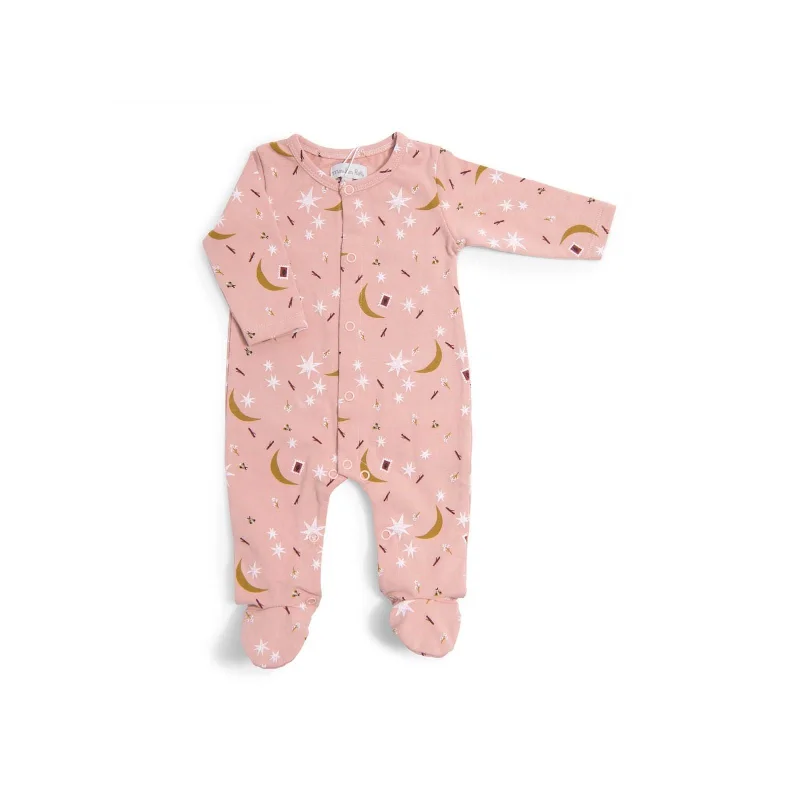 Moulin Roty Apres La Pluie Cotton Jersey Star Pattern Sleepsuit Pink