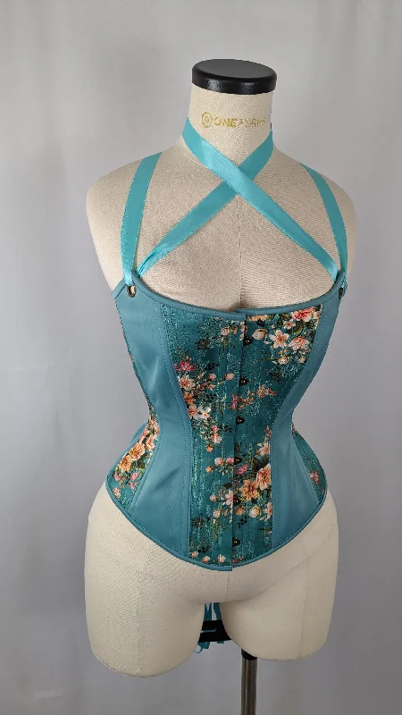 Robin Egg Blue Silk Jacquard Scoop Neck Steel Boned Overbust Corset