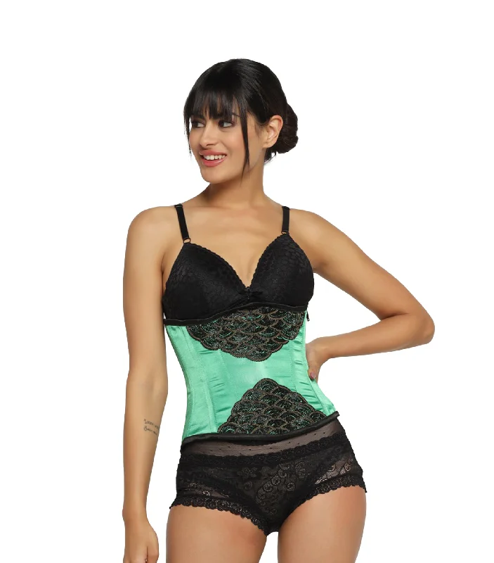 Satin Green Black Embroidered Fish Scale Waist Reducing  Underbust Corset