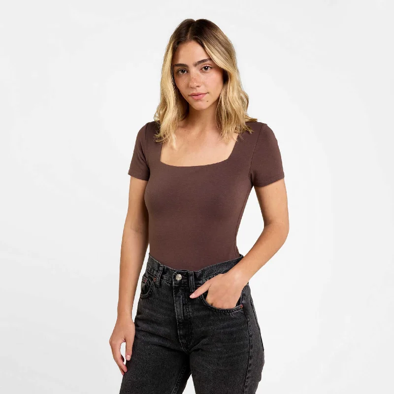 Cotton Stretch Short Sleeve Square Neck Bodysuit | Coffee