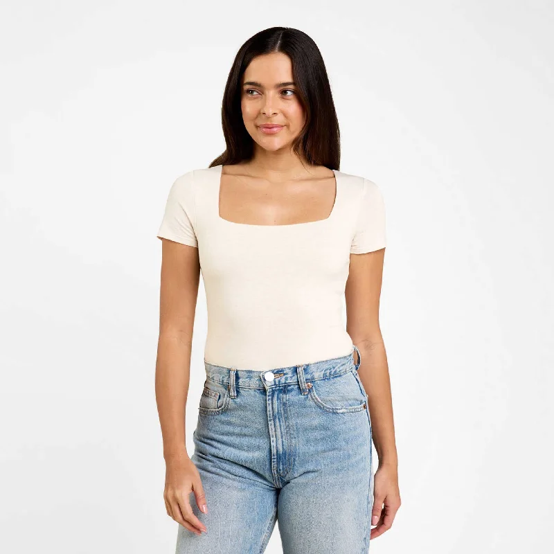 Cotton Stretch Short Sleeve Square Neck Bodysuit | Heather Bone