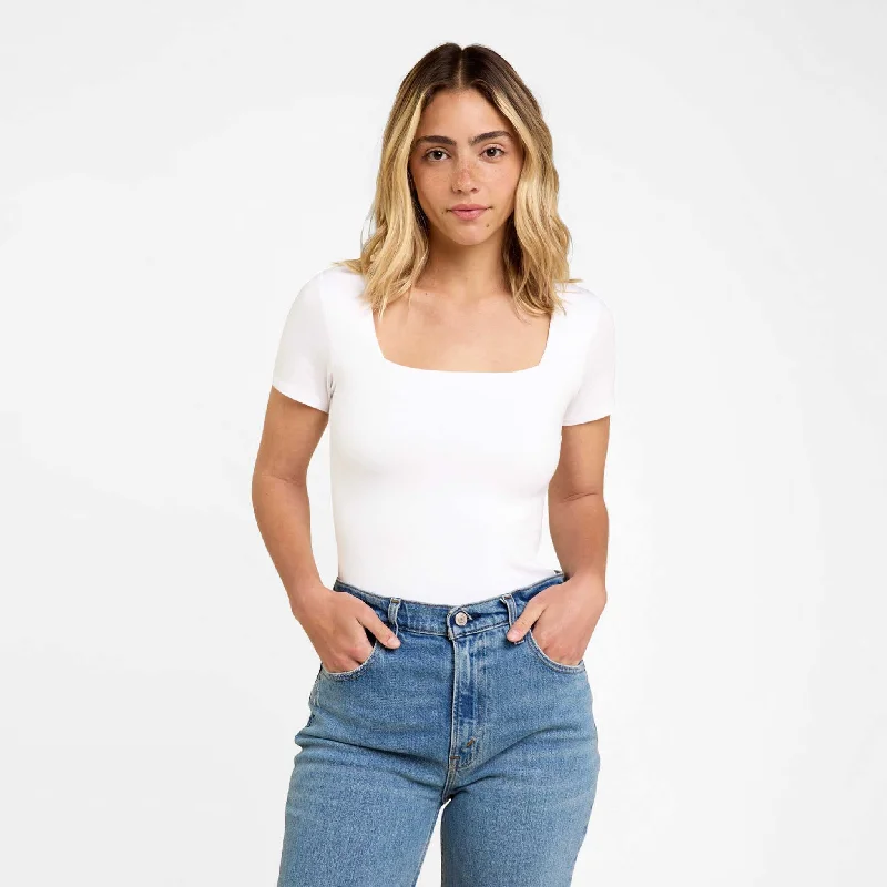 Cotton Stretch Short Sleeve Square Neck Bodysuit | White