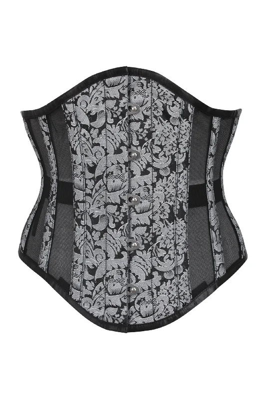 Silver Brocade Underbust Corset with Mesh Panels