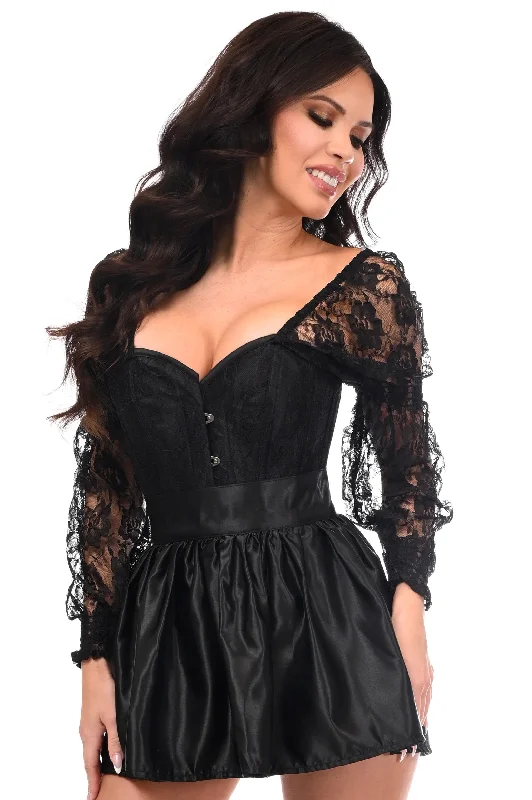 Top Drawer 2 PC Black Lace Steel Boned Corset & Satin Skirt Set