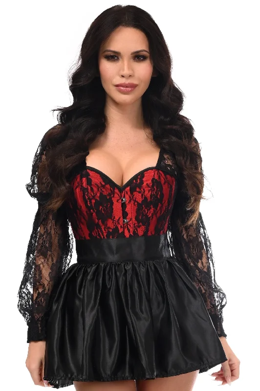 Top Drawer 2 PC Red/Black Lace Steel Boned Corset & Satin Skirt Set