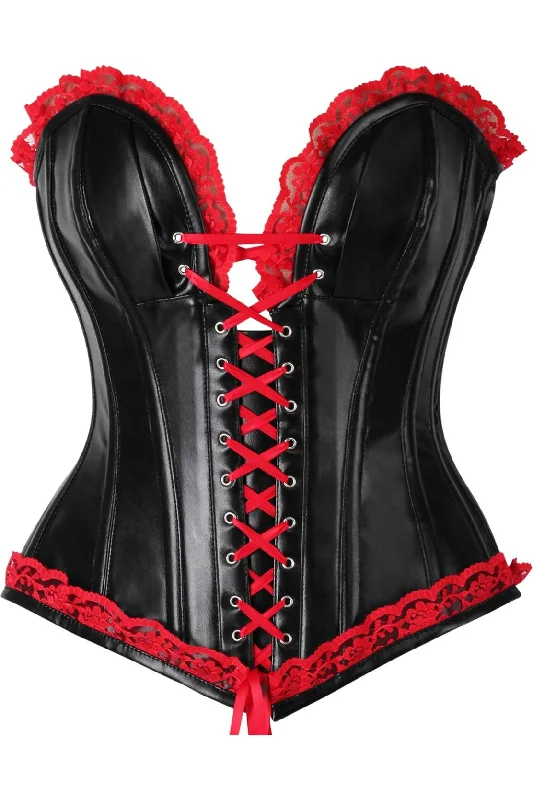 Top Drawer Black Faux Leather & Red Lace Trim Steel Boned Corset