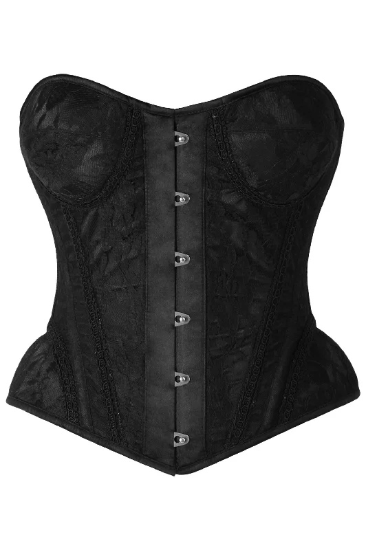 Top Drawer Black w/Black Lace Steel Boned Underwire Bustier Corset