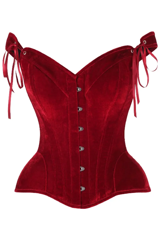 Top Drawer Dark Red Velvet Steel Boned Corset w/Straps