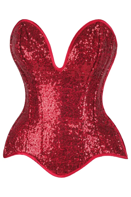 Top Drawer Steel Boned Red Sequin Plunge Neckline Overbust Corset