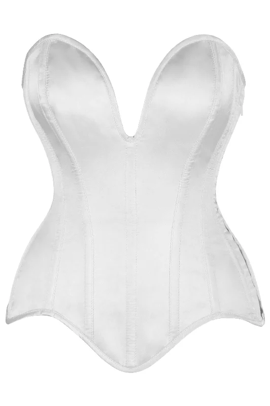 Top Drawer Steel Boned White Satin Plunge Neckline Overbust Corset