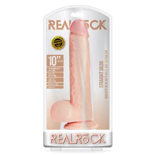 RealRock Realistic 10 in. Straight Dildo With Balls and Suction Cup Beige