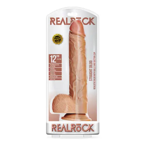 RealRock Realistic 12 in. Straight Dildo With Balls and Suction Cup Tan