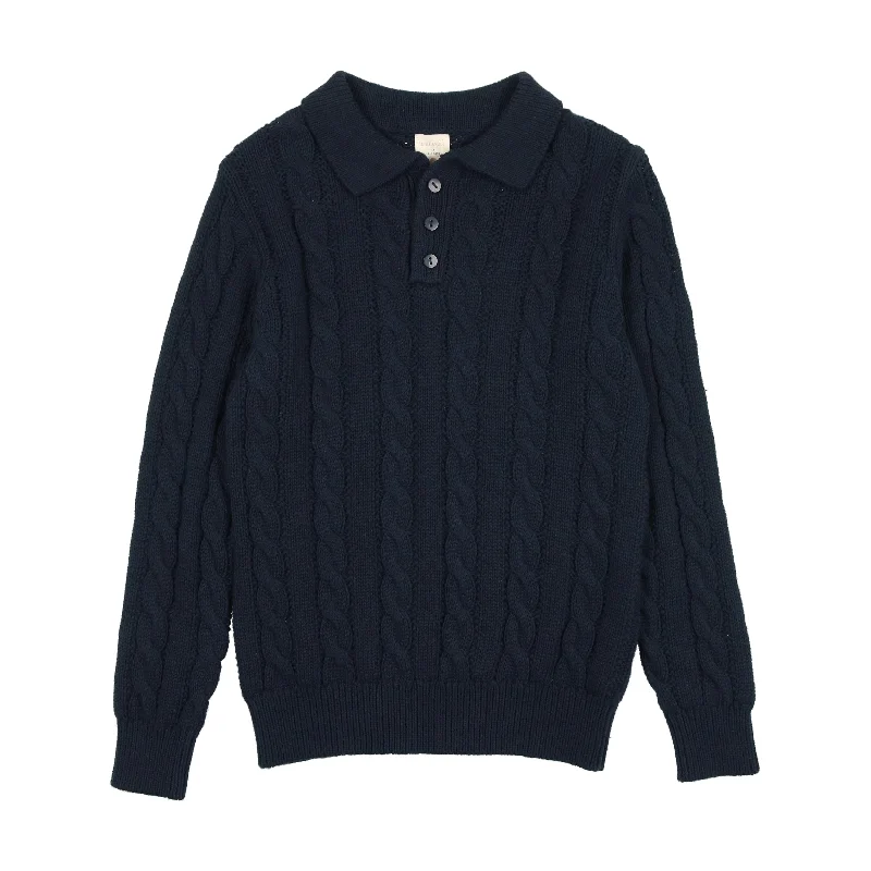 Analogie Cable Knit Long Sleeve Polo - Navy