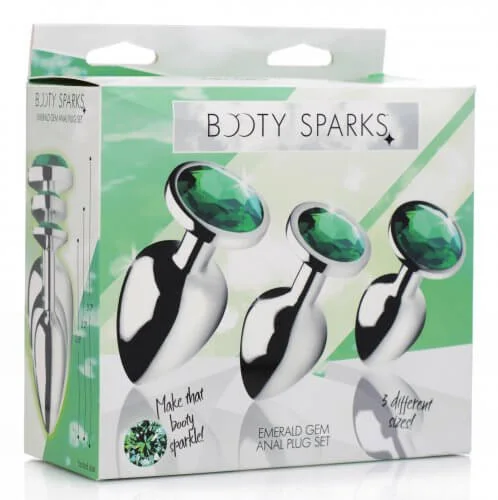 Booty Sparks Emerald Gem Anal Plug Set – 3 Sizes, Nickel-Free Aluminum Alloy