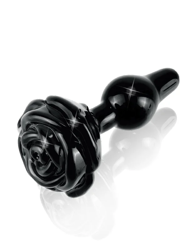 Icicles No. 77 Black Glass Anal Plug with Rose Shaped Base