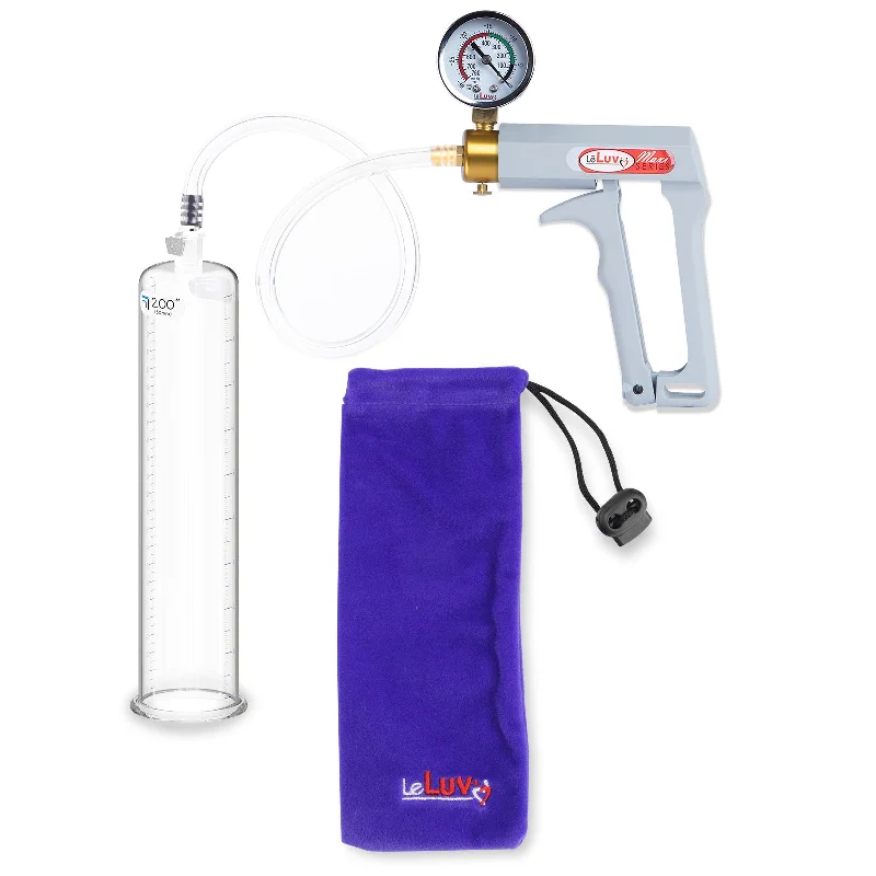 LeLuv Penis Pump Maxi Gray Handle, Clear Hose | 9" or 12" Length x 1.35"-5.0" Diameters | Gauge Options