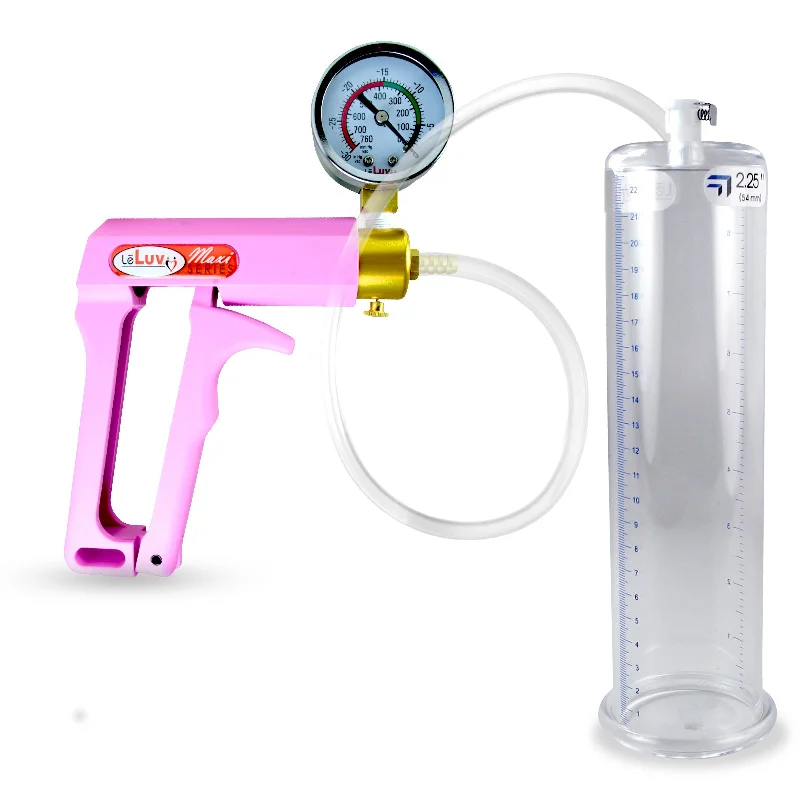 Penis Pump MAXI Pink Handle, Clear Hose | 9" or 12" Length x 1.35"-5.0" Diameters | Gauge Options